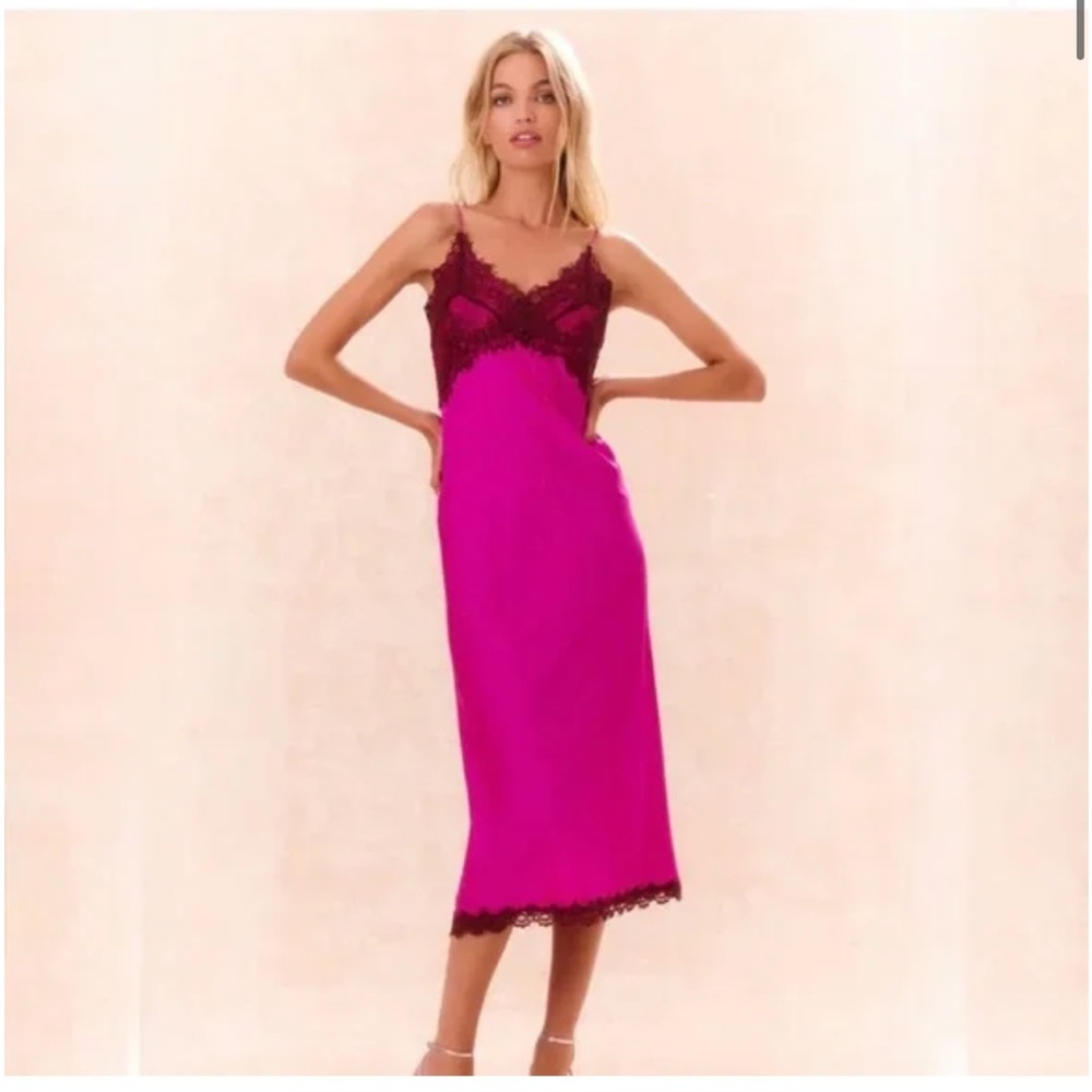 LoveShackFancy Fuchsia and Black Lace Slip Dress